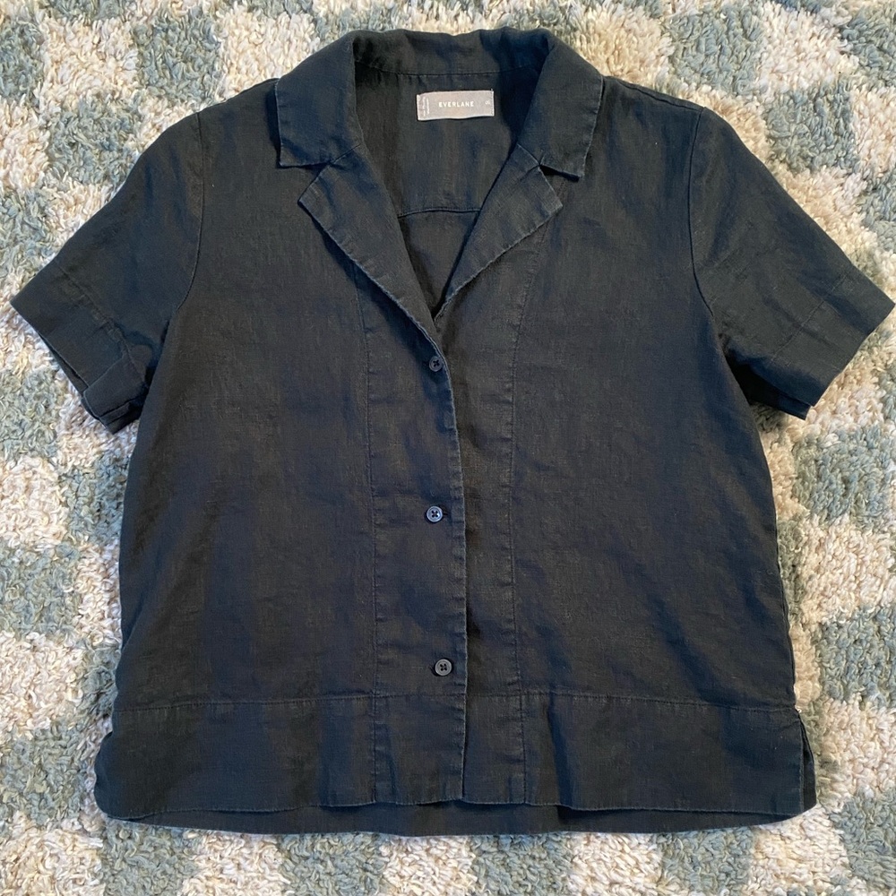 Everlane Black Short-Sleeve Button Front Linen Top